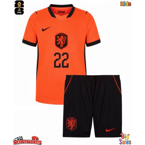 Netherlands Denzel Dumfries #22 Replica Home Stadium Kit for Kids World Cup 2026 Short Sleeve (+ pants)